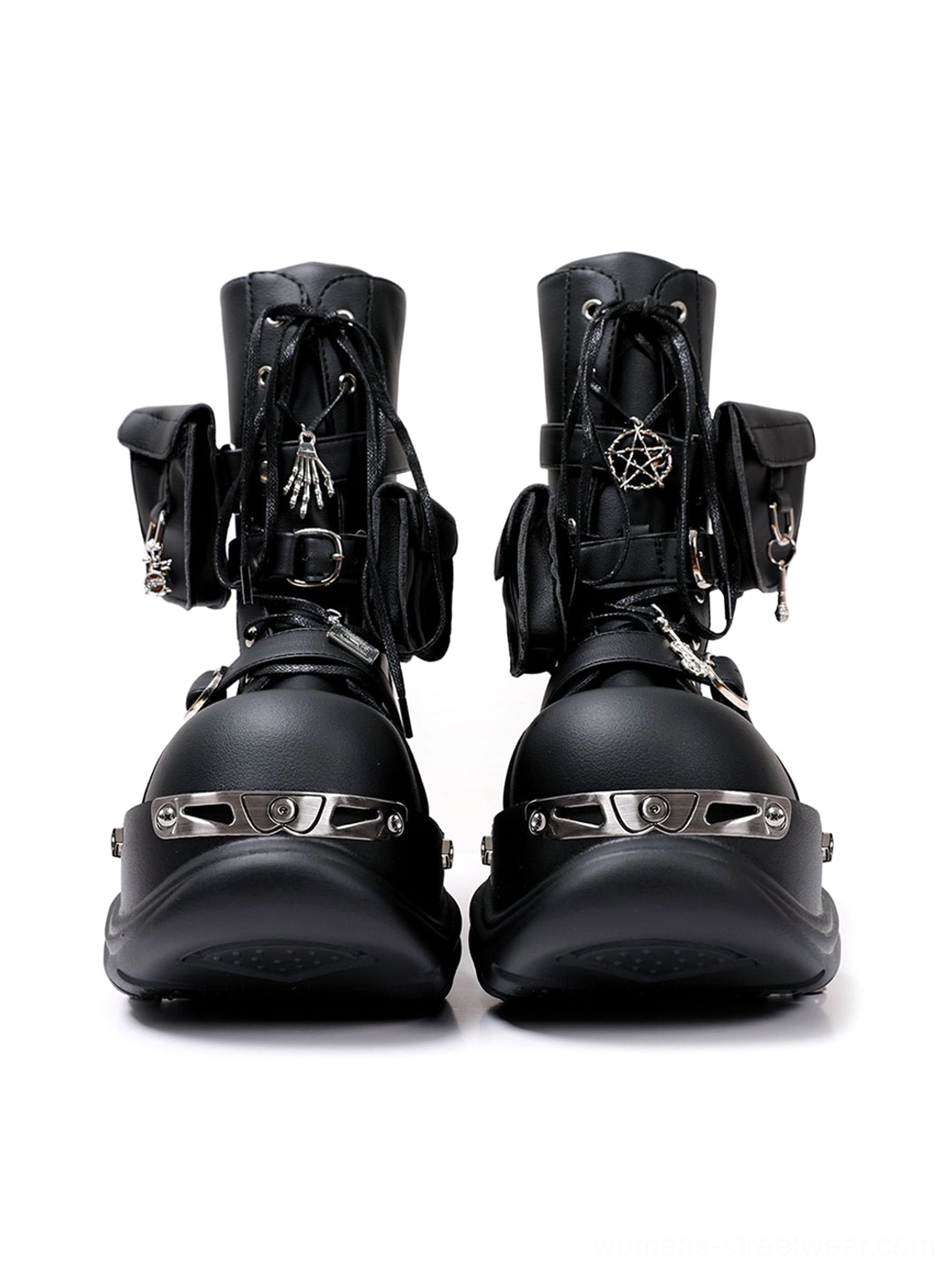 Front product view of black gothic utility pouch chunky platform combat boots with lace-up closure, pentagram emblems, metal toe trim, and thick soles