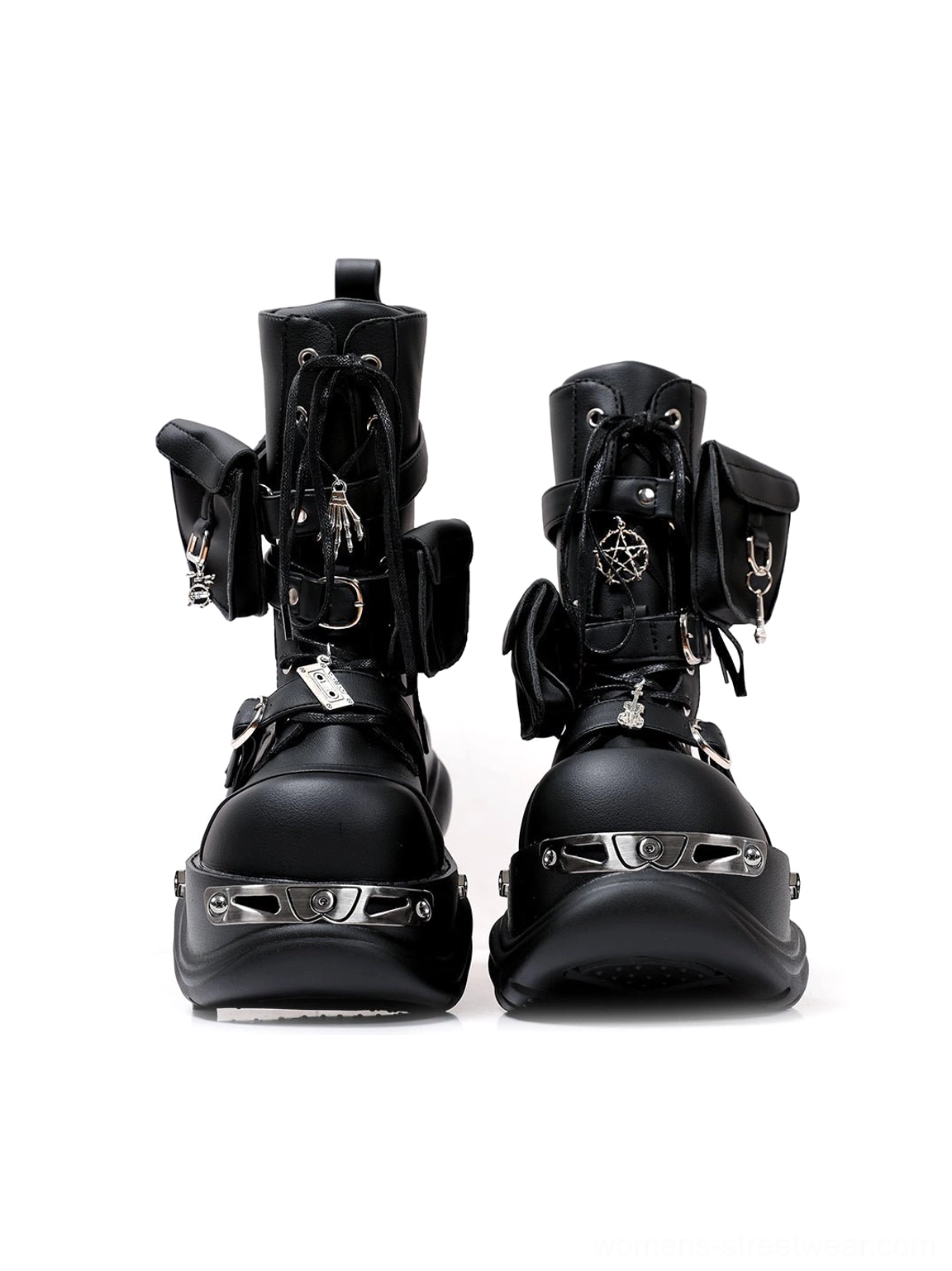 Black gothic utility pouch chunky platform combat boots displayed from the front with skeleton hand charms, buckle straps, metal toe trim, and thick platform soles