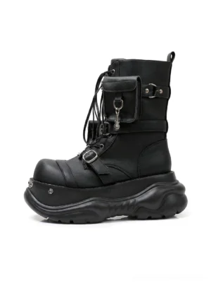 Black gothic utility pouch chunky platform combat boot in left side view with lace-up shaft, buckle strap, metal toe trim, and sculpted lug sole