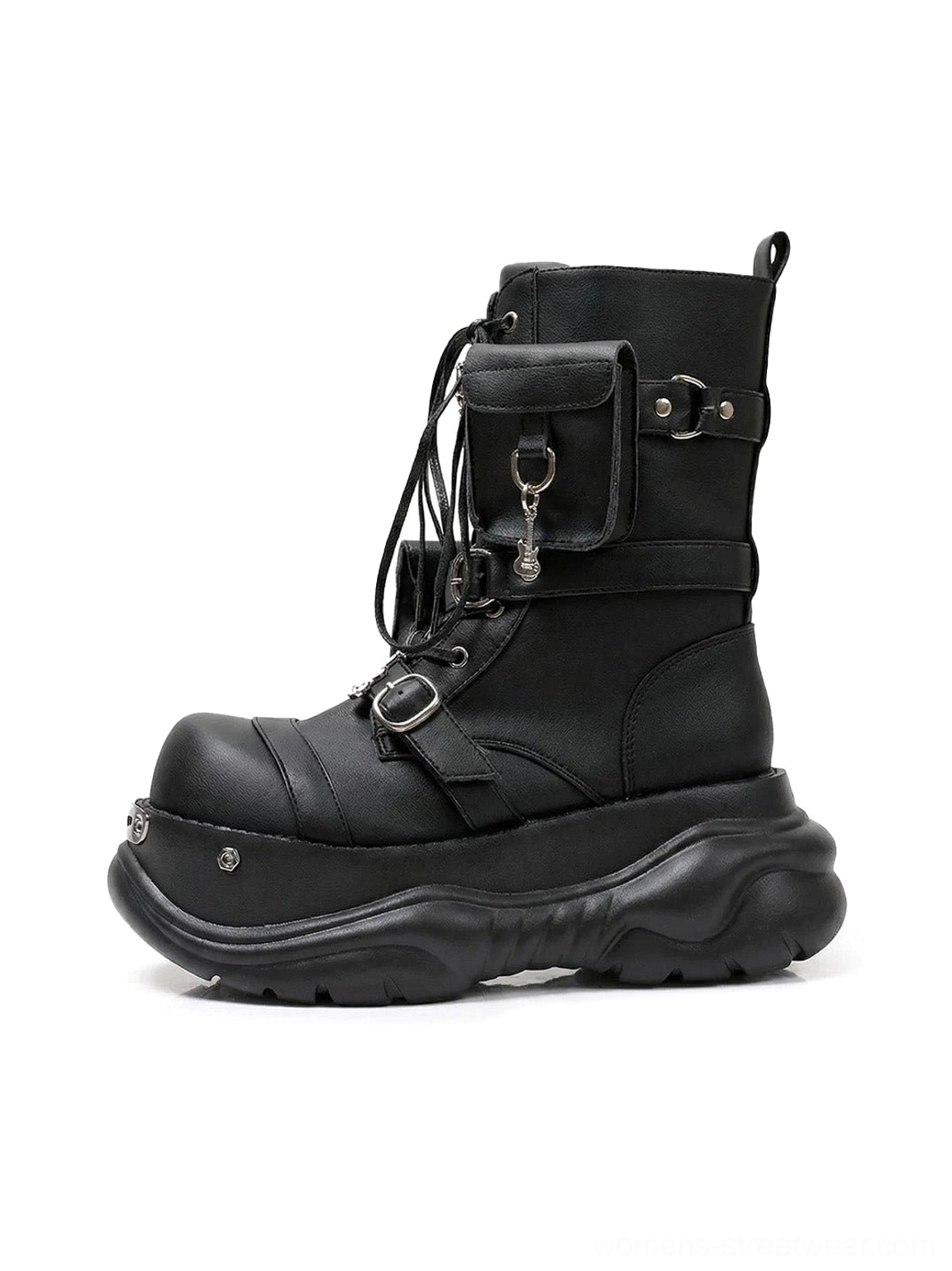 Black gothic utility pouch chunky platform combat boot in left side view with lace-up shaft, buckle strap, metal toe trim, and sculpted lug sole