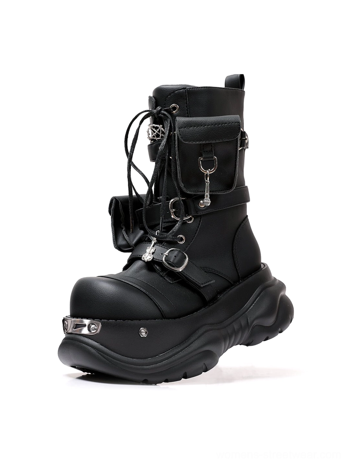 Black gothic utility pouch chunky platform combat boots product detail view featuring dark streetwear hardware and chunky combat boot construction