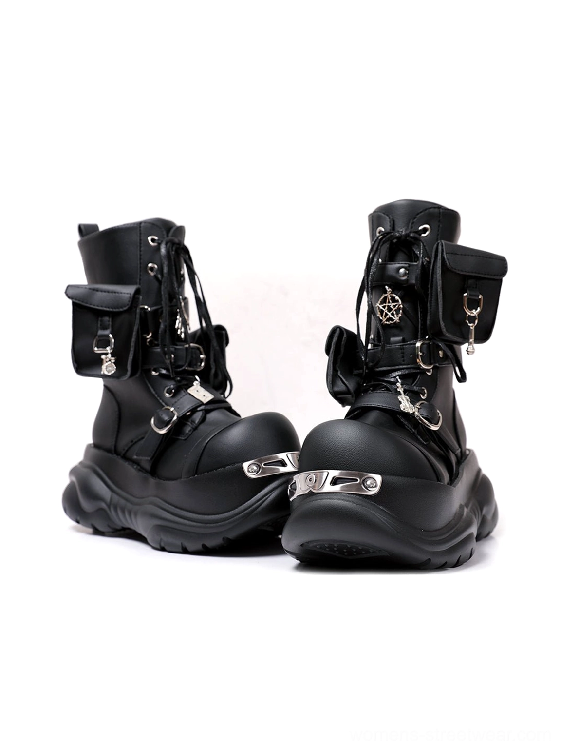 Side product view of black gothic platform combat boots with wave-pattern lug outsoles, lace-up uppers, metal toe hardware, and zippered ankle utility pockets