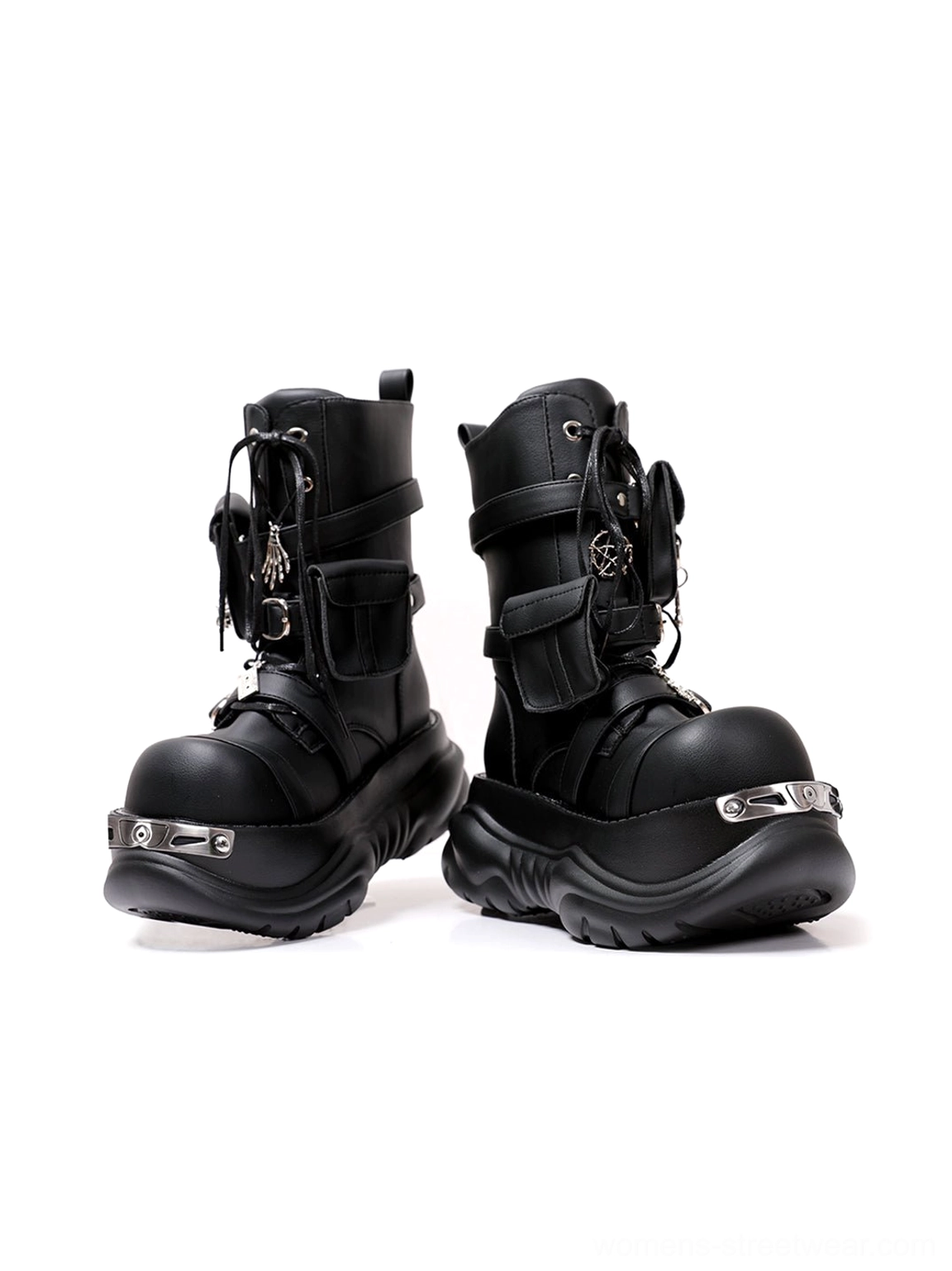 Three-quarter product view of black gothic utility pouch chunky platform combat boots with adjustable buckle straps, lace-up shaft, metal toe strip, and lug sole