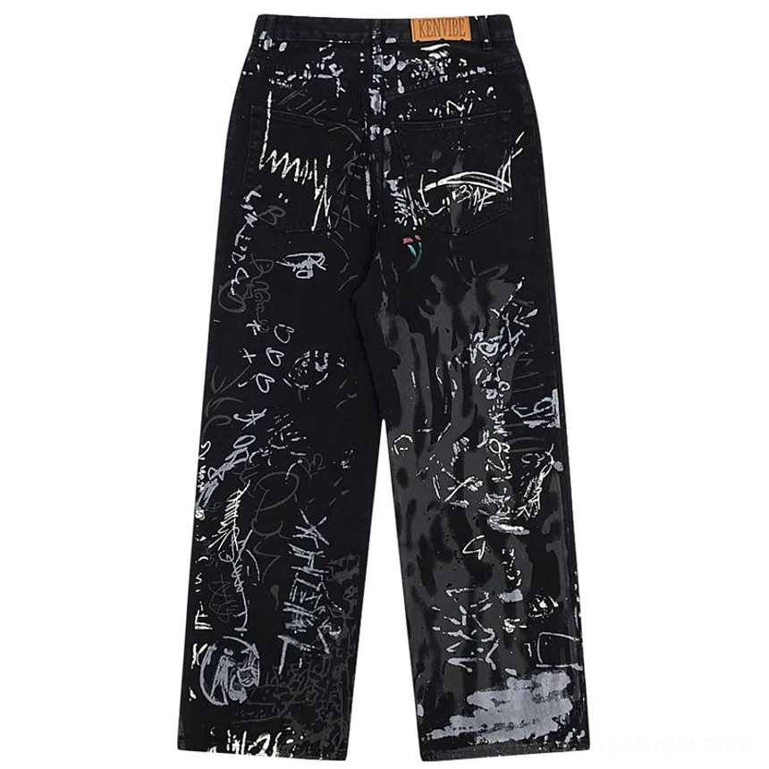 Back flat lay of black graffiti print wide-leg Y2K streetwear denim jeans with printed back pockets and belt loops
