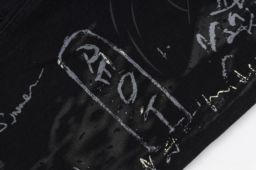 Black graffiti print wide-leg jeans for women in Y2K streetwear denim style product detail view