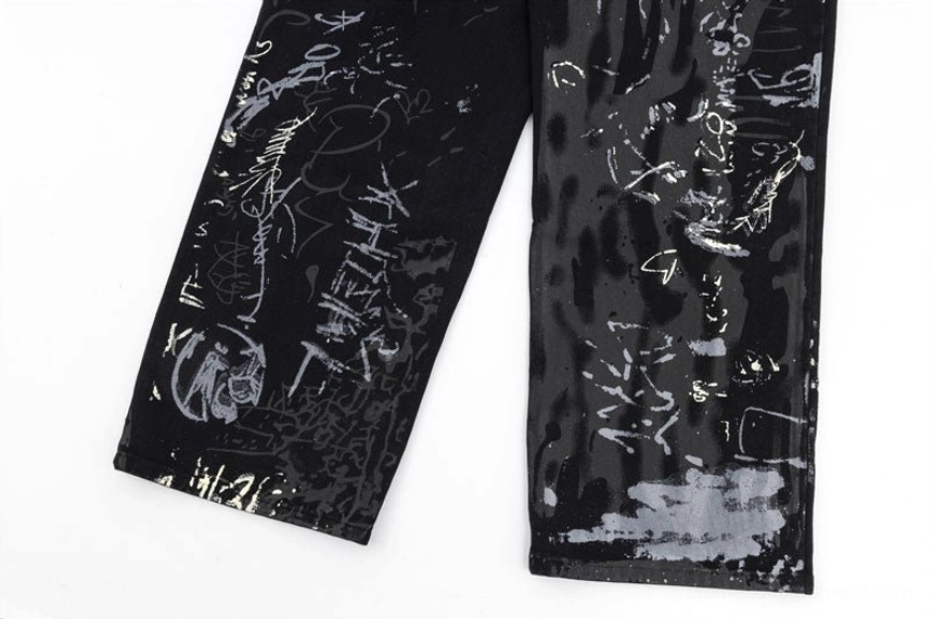 Y2K black graffiti print wide-leg denim jeans for women with all-over handwritten graphic artwork