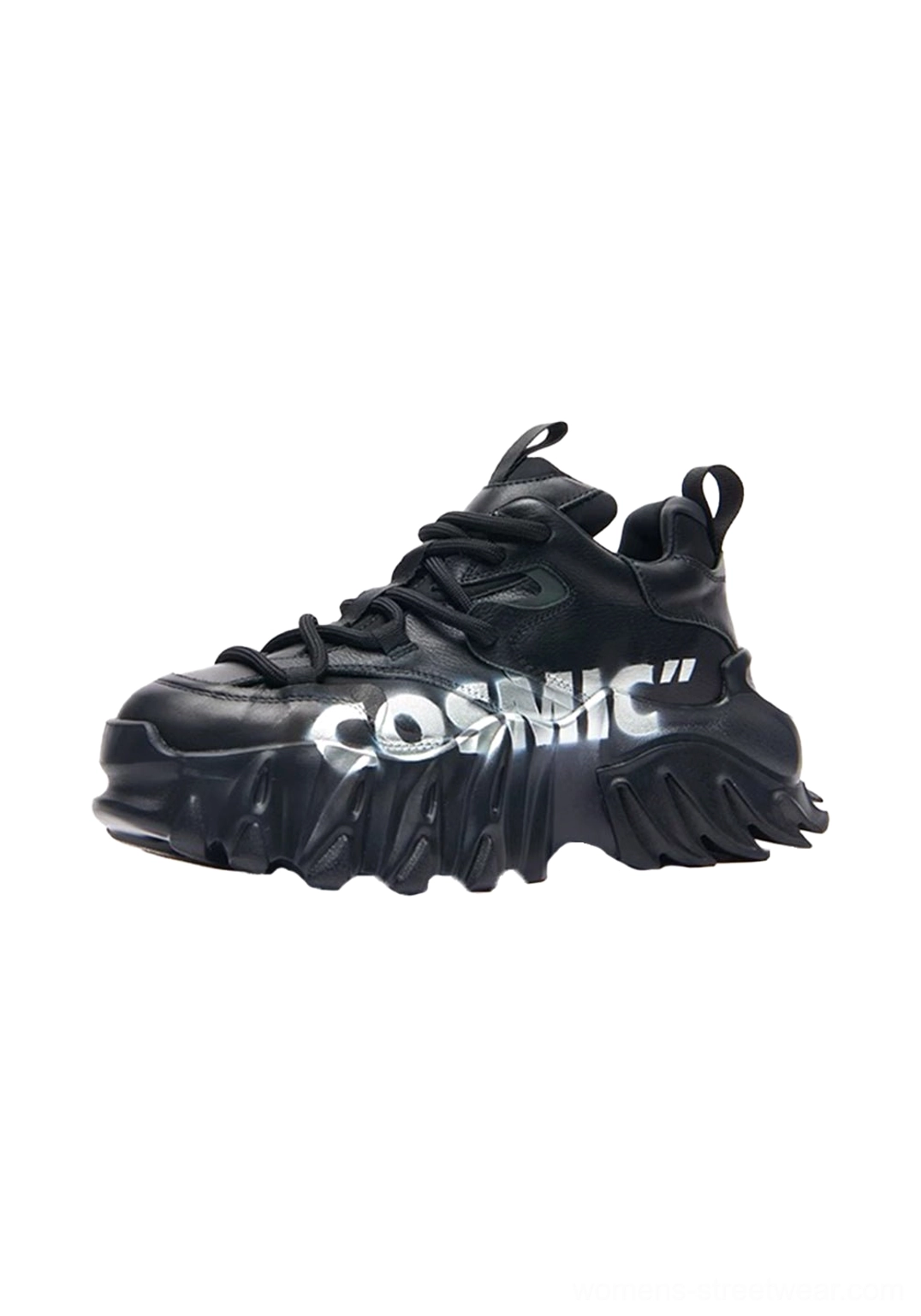 Front three-quarter view of black graphic platform derby shoes with white lettering and textured thick outsole