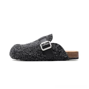 Black and gray marled buckle Mary Jane clogs with soft textured upper silver adjustable strap cork footbed and streetwear rubber outsole