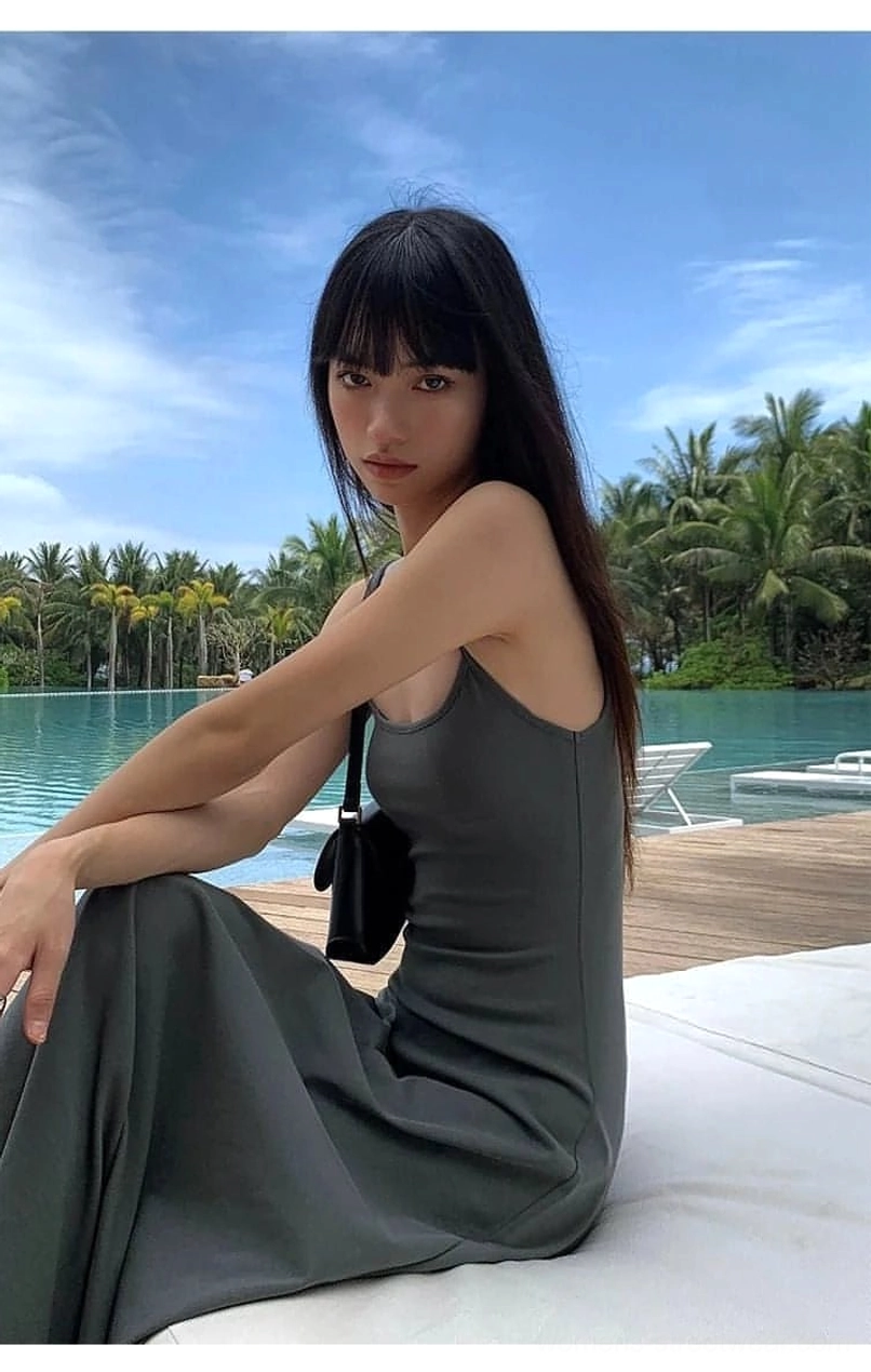 Black gray maxi slip dress with light stretch fabric for versatile Acubi inspired layering