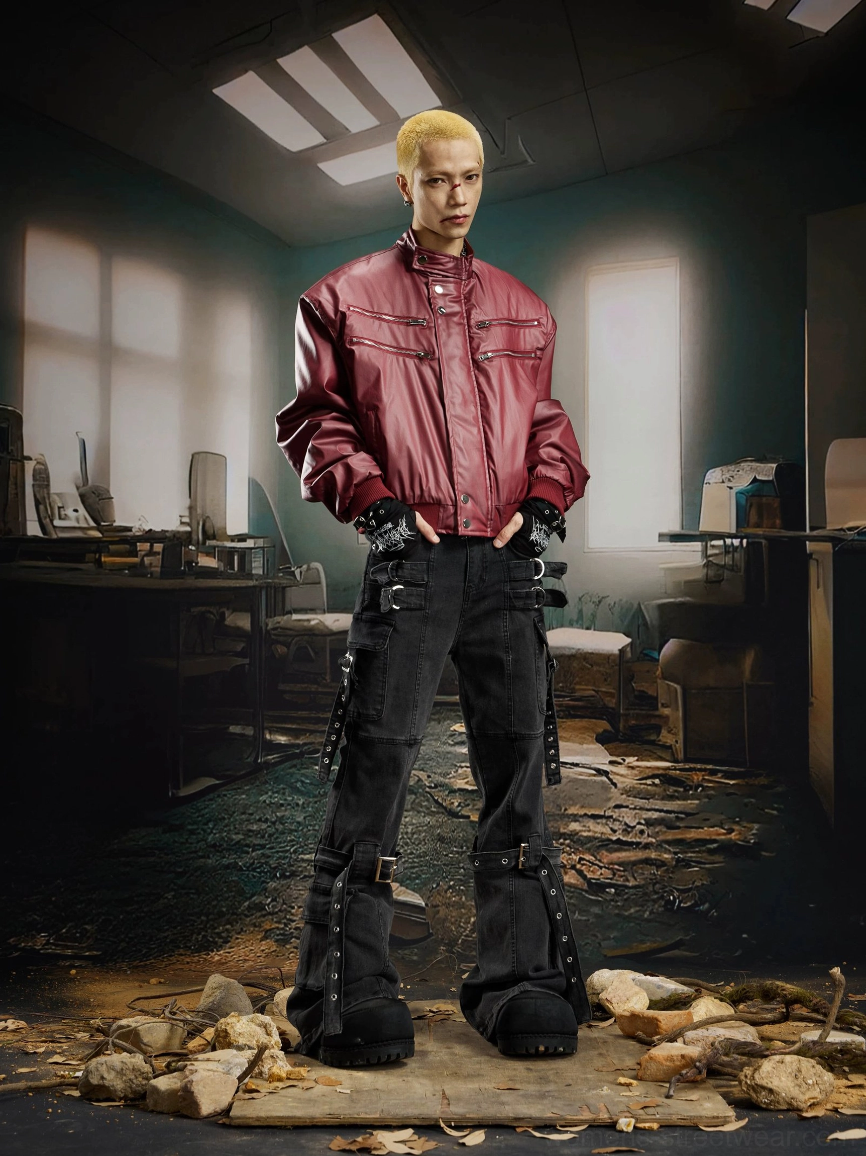 Full front outfit featuring black harness strap cargo flare jeans styled with a wine red bomber jacket in an industrial streetwear setting