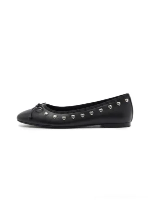 Black heart-rivet bow ballet flats shown in a left-side flat lay with silver heart-shaped rivets, smooth black finish, low-cut round toe, and slim flat sole