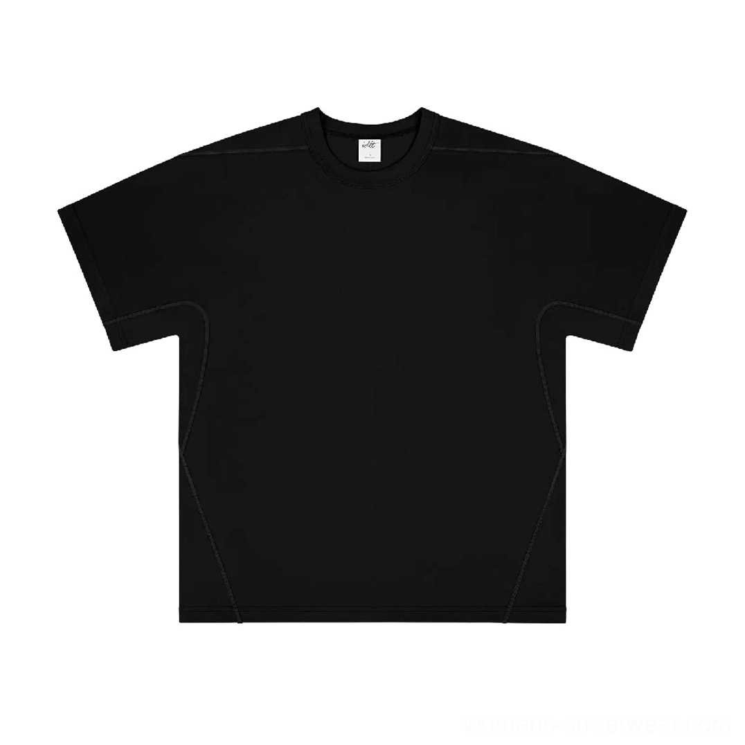Front flat lay of a jet black oversized cotton streetwear T-shirt with dropped shoulders and clean tonal seam detailing