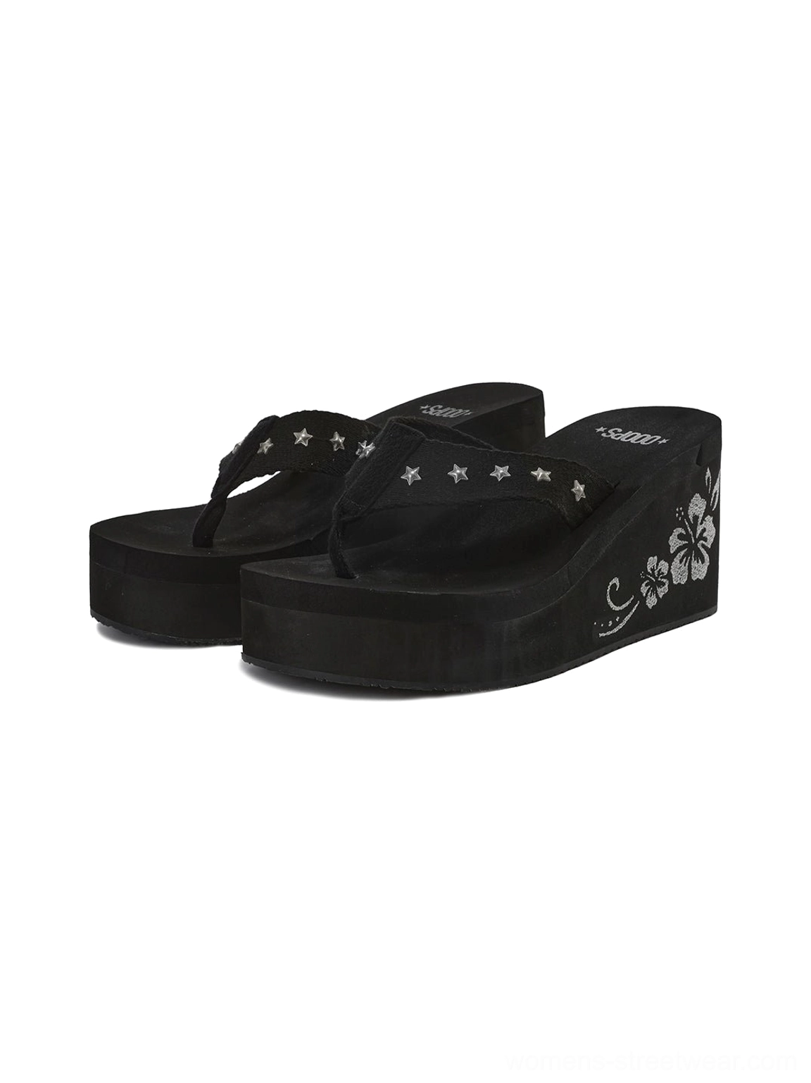 Black hibiscus embroidered platform wedge flip-flops with star studded thong straps product detail