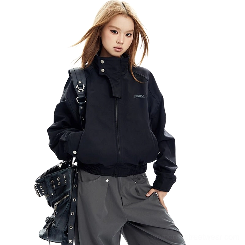Black high-collar cropped bomber jacket with snap-button collar, relaxed cropped silhouette, ribbed hem, and wide-leg streetwear trousers