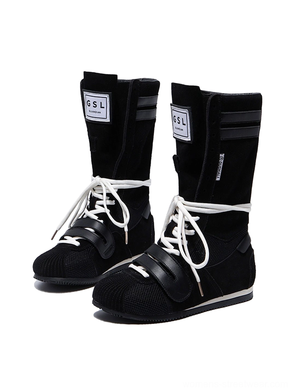 Pair of black high-top boxing trainer boots with suede-like and mesh panels white laces and ankle strap detailing