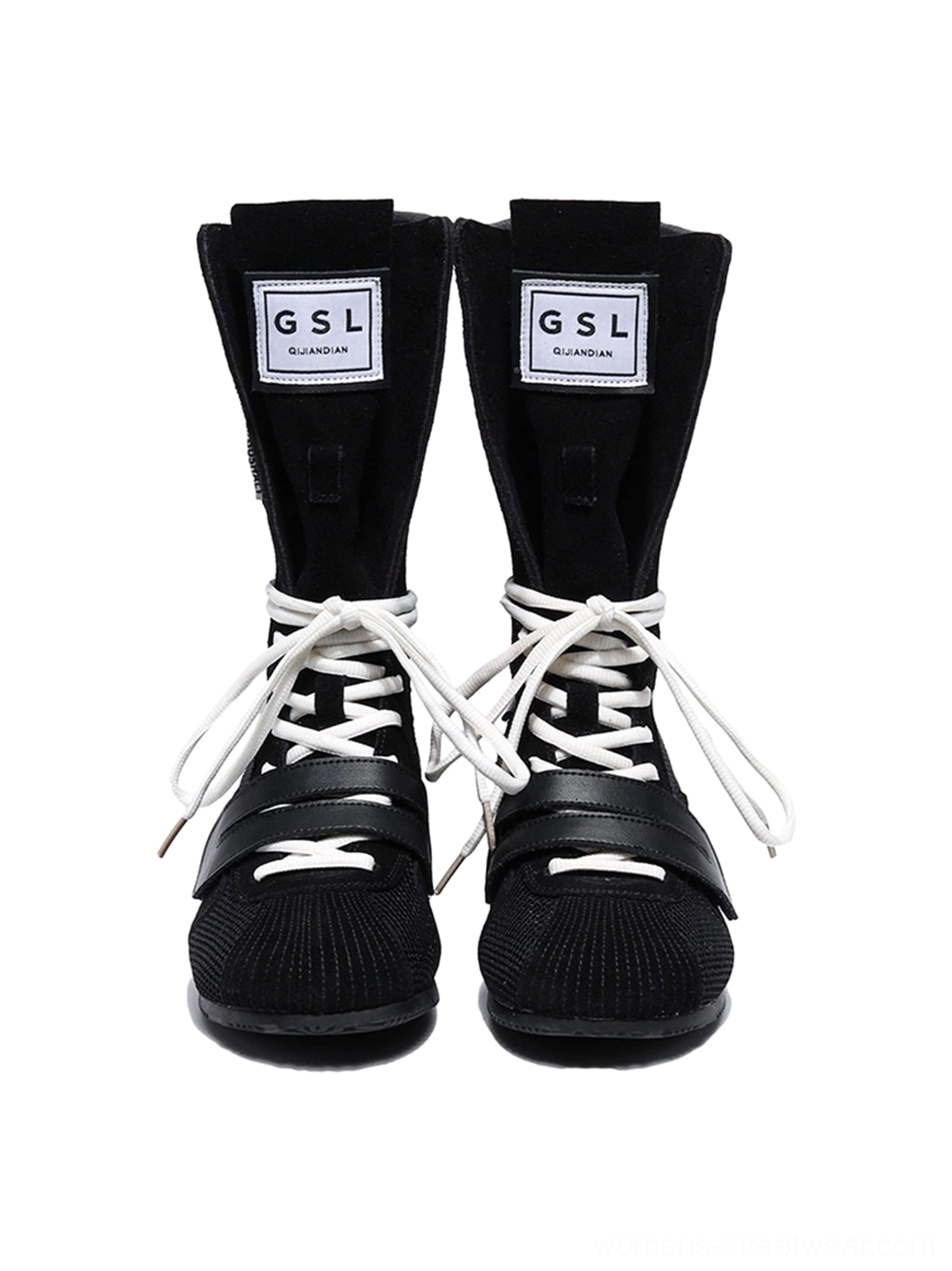 Front view of black high-top boxing trainer boots with woven toe cap white laces and structured athletic silhouette