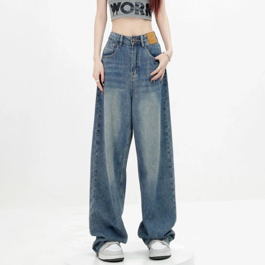Black high-waist loose straight-leg floor-length jeans streetwear product image