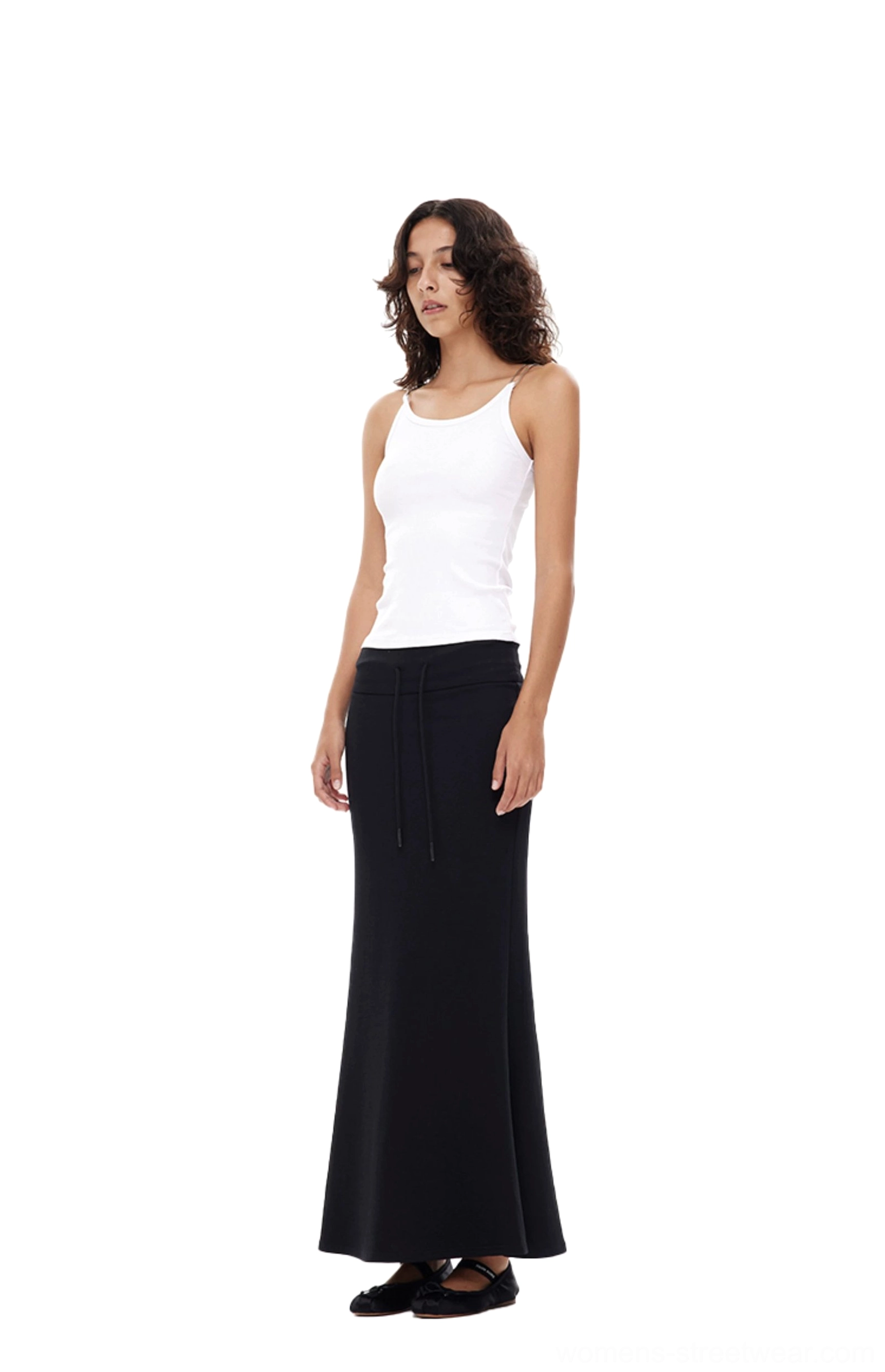 Black high-waisted floor-length fishtail skirt shown in side profile with a smooth fabric finish and fitted mermaid shape