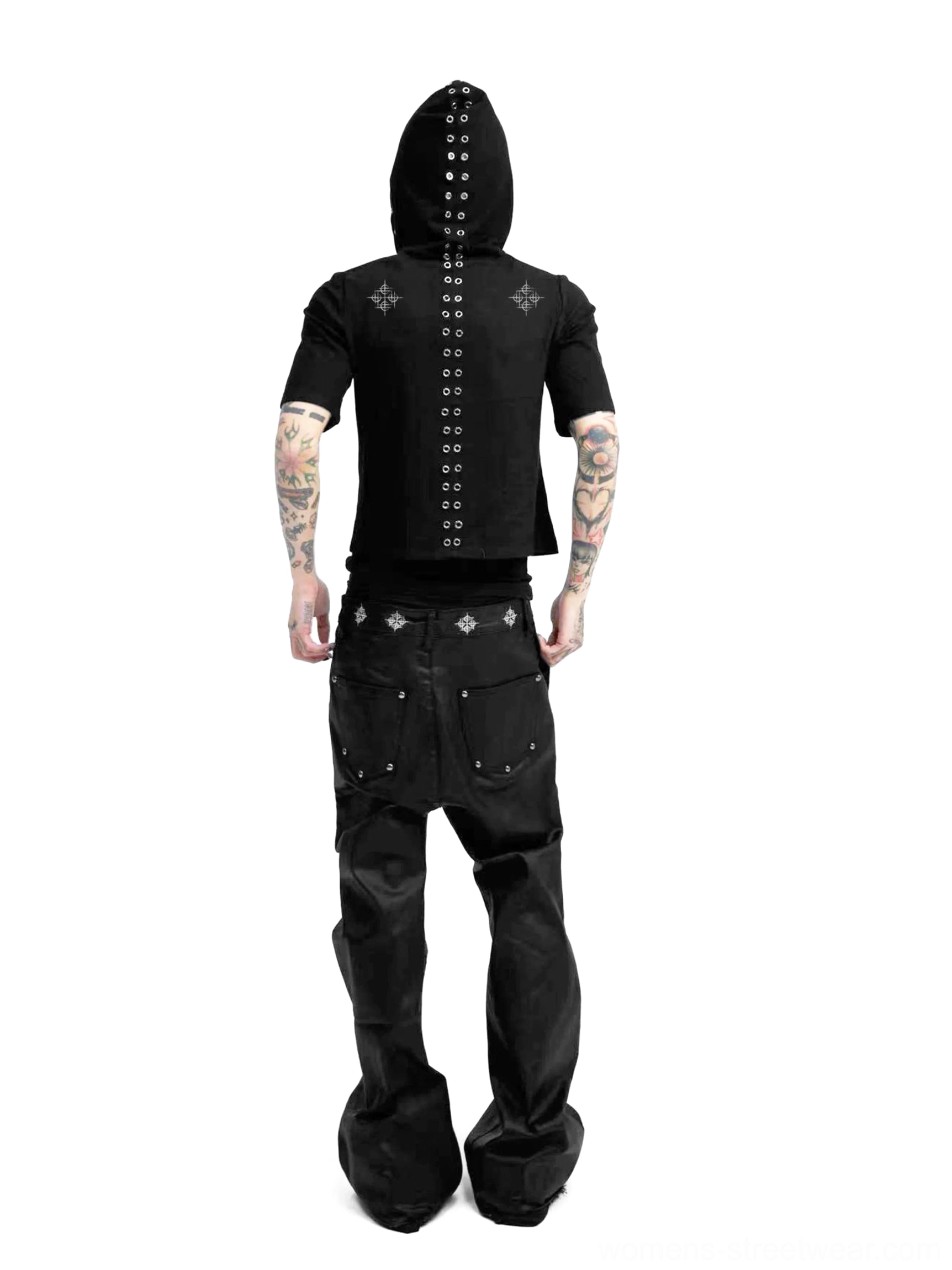 Back view of black hooded short-sleeve streetwear tee with metal eyelet hood trim and utility pants