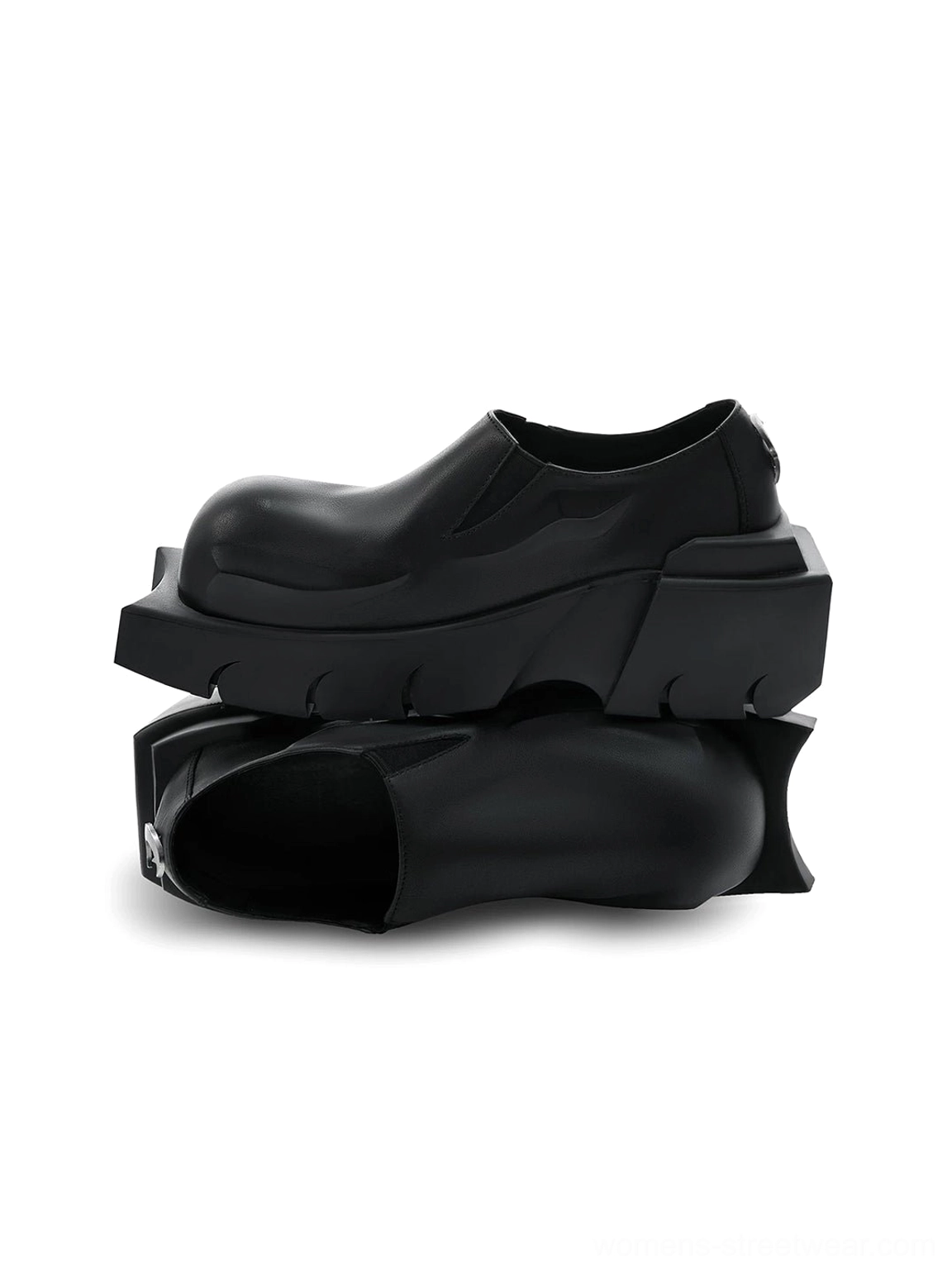 Black horn-detail leather platform derby shoes in a sculptural gothic streetwear silhouette with chunky elevated soles