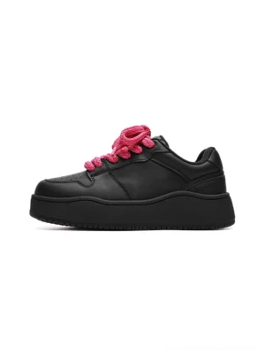 Black hot pink lace platform sneakers shown in left side profile with structured panels and thick raised sole