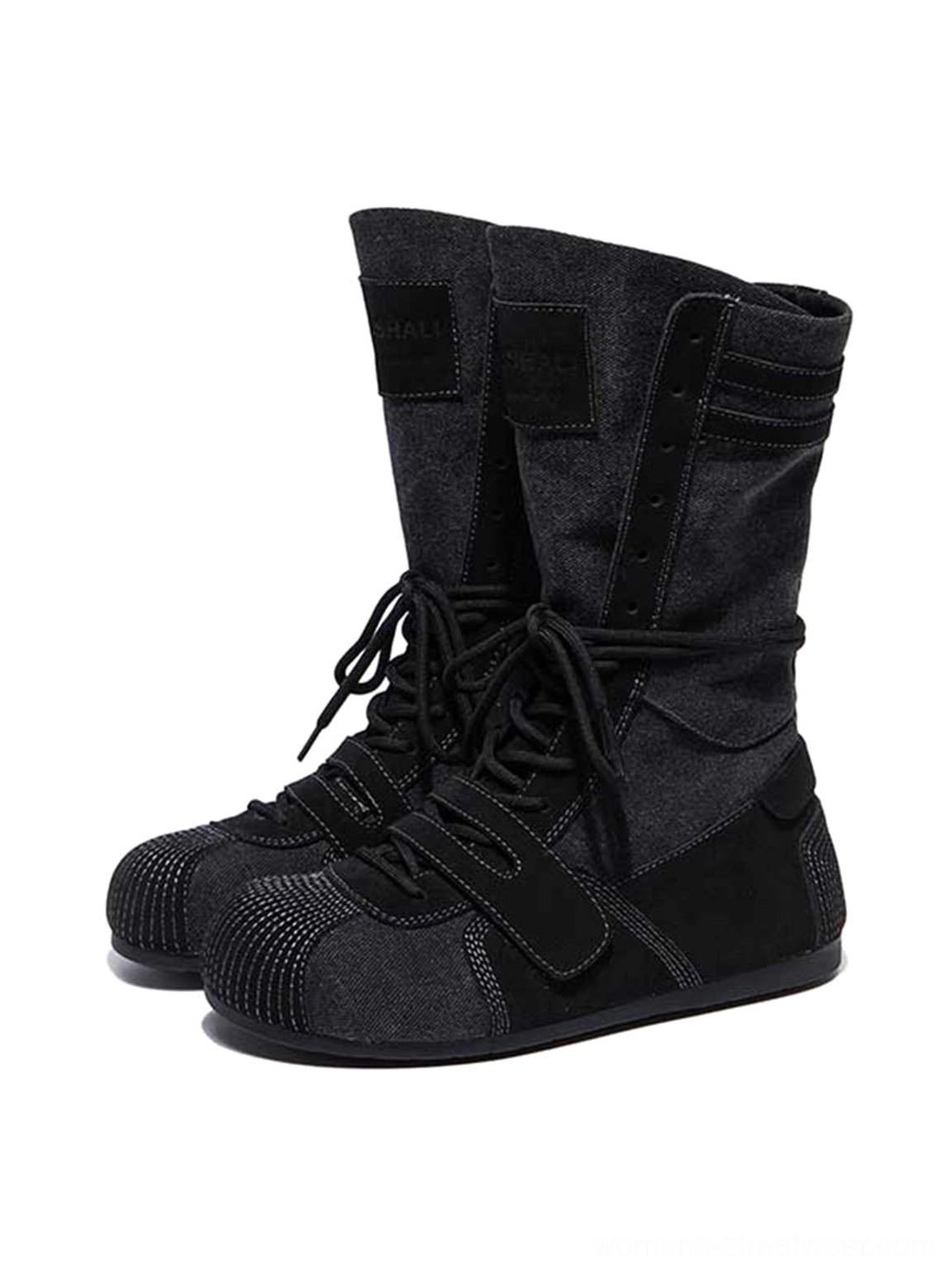 Black hybrid boxing trainer boots product color option with mid-calf silhouette, laces, and adjustable strap