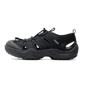 Black hybrid water hiking sandals shown in a side profile with closed round toe, breathable mesh upper, bungee lacing, heel pull tab, and rugged anti-slip rubber outsole
