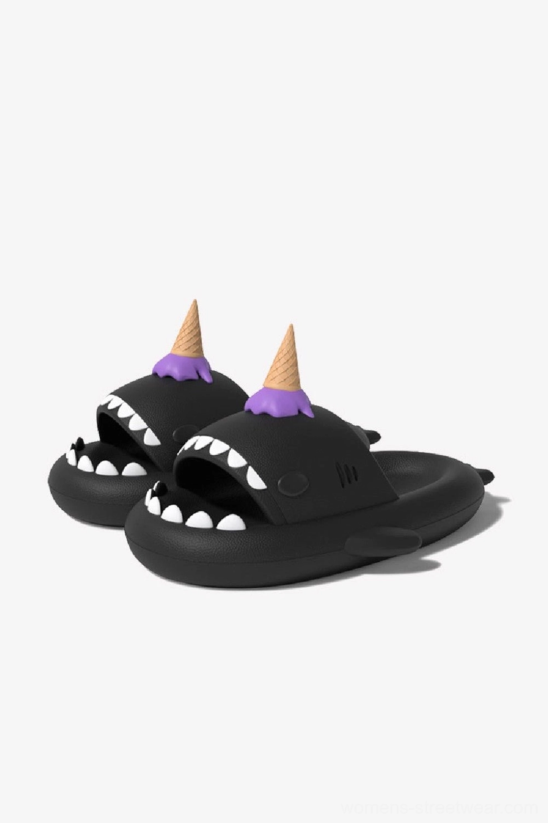 Black ice cream shark slide slippers with bold shark silhouette and novelty streetwear design
