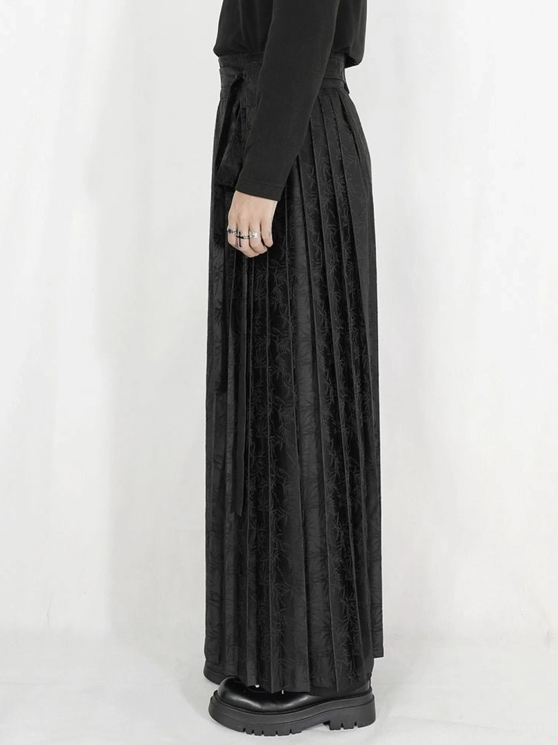 Black jacquard pleated maxi skirt with tassel chain detail in modern New Chinese streetwear styling