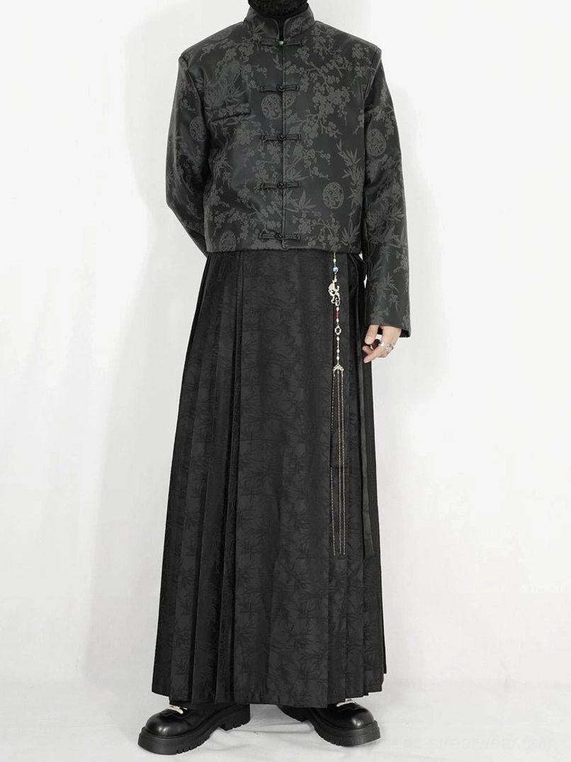 Black pleated jacquard maxi skirt with tassel chain paired with tonal frog-button vest in New Chinese fashion