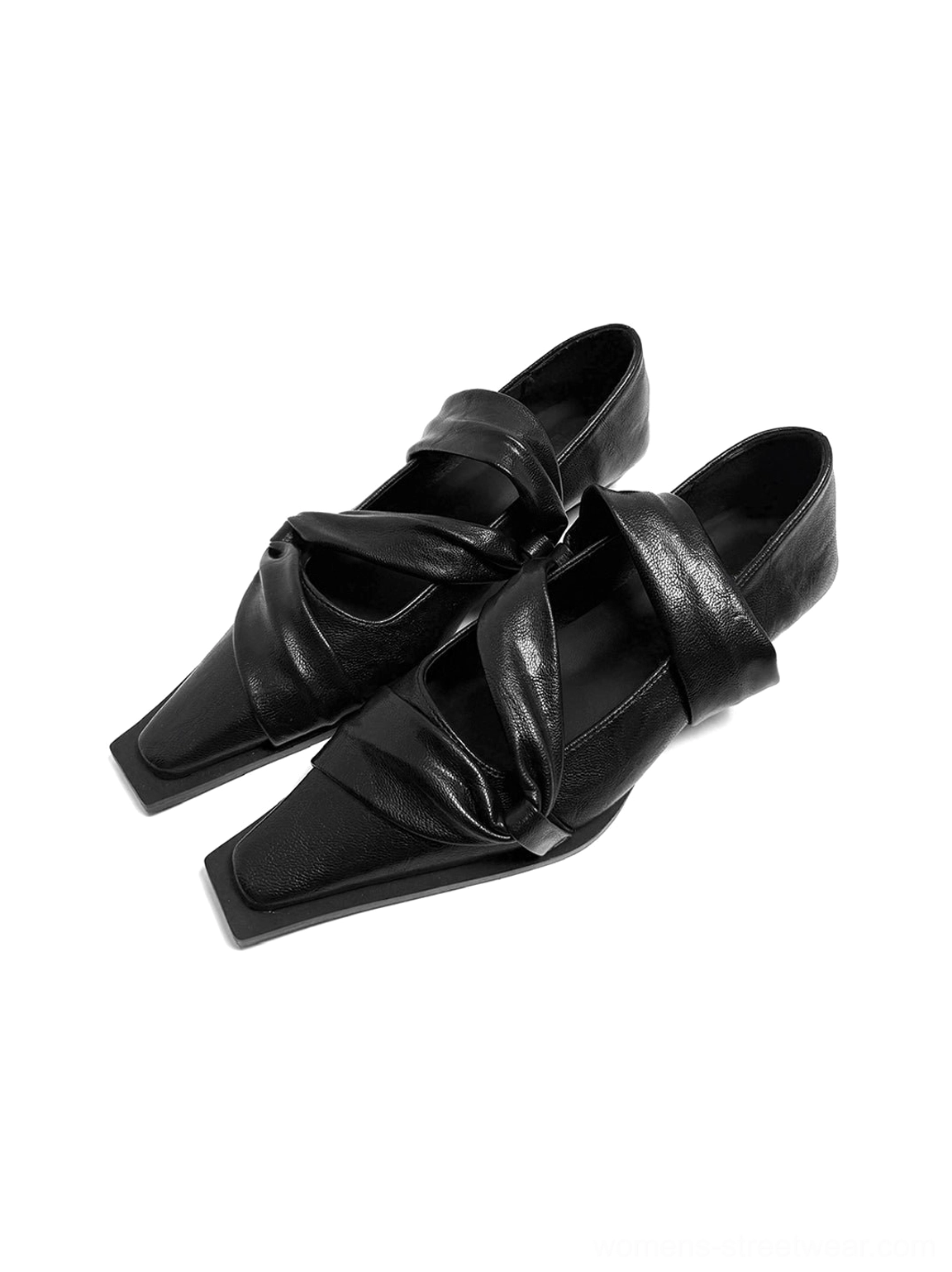 Fashion-forward black knotted leather flats with folded panel construction, geometric square toes, and understated streetwear appeal