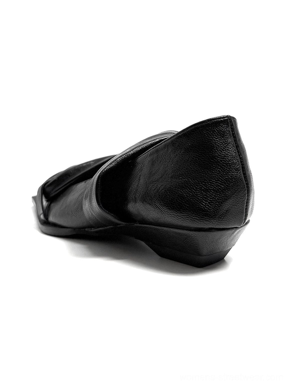 Minimalist black leather square-toe flats featuring a dimensional knotted vamp and low-profile flat construction