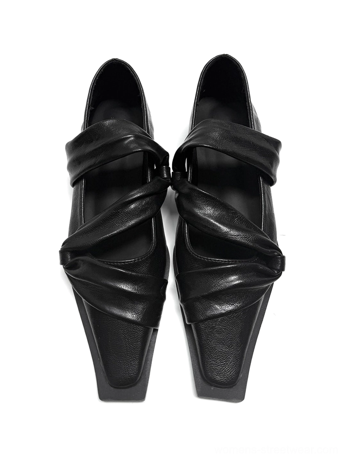 Black knotted square-toe leather flats with sculptural crossed straps and minimalist Seoul streetwear styling
