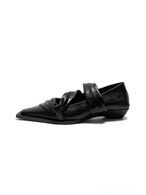 Black knotted square-toe leather flats shown in a clean side product view with sculptural crossed vamp straps and a low flat heel