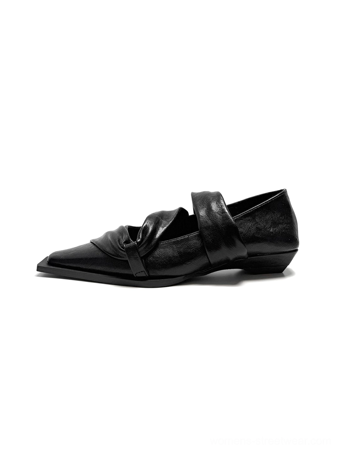 Black knotted square-toe leather flats shown in a clean side product view with sculptural crossed vamp straps and a low flat heel
