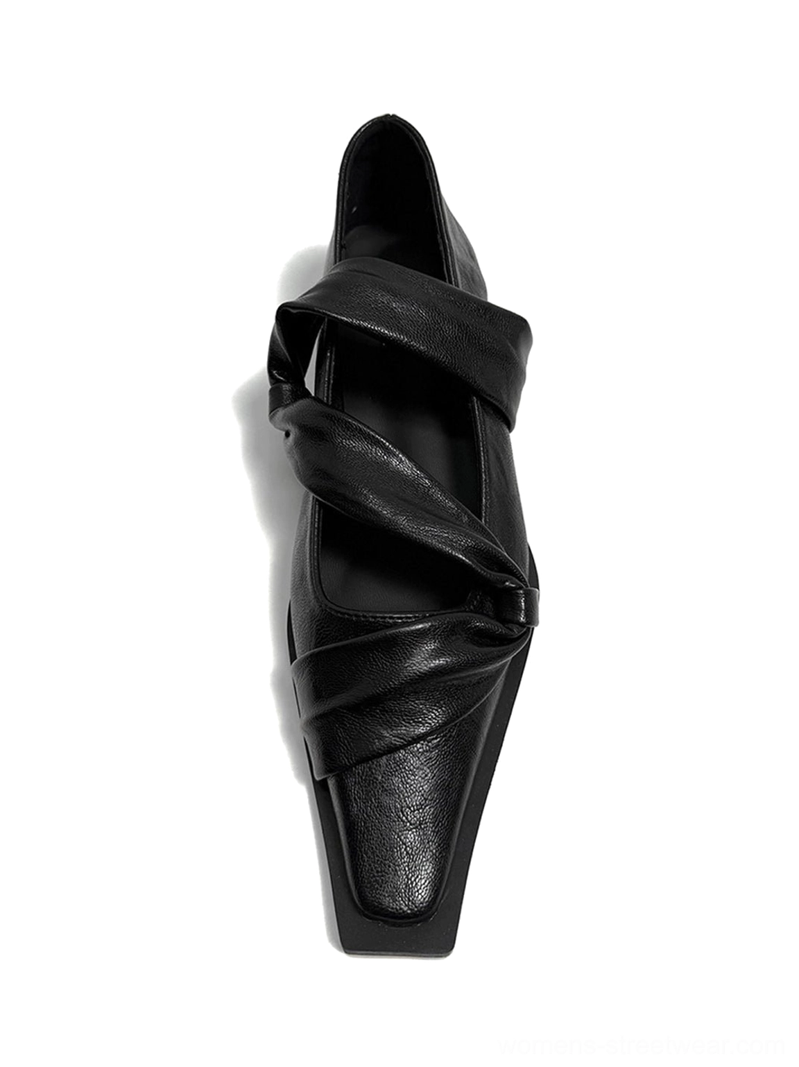 Black knotted square-toe leather flats displayed on a white background with crossed wrap straps and a low flat heel