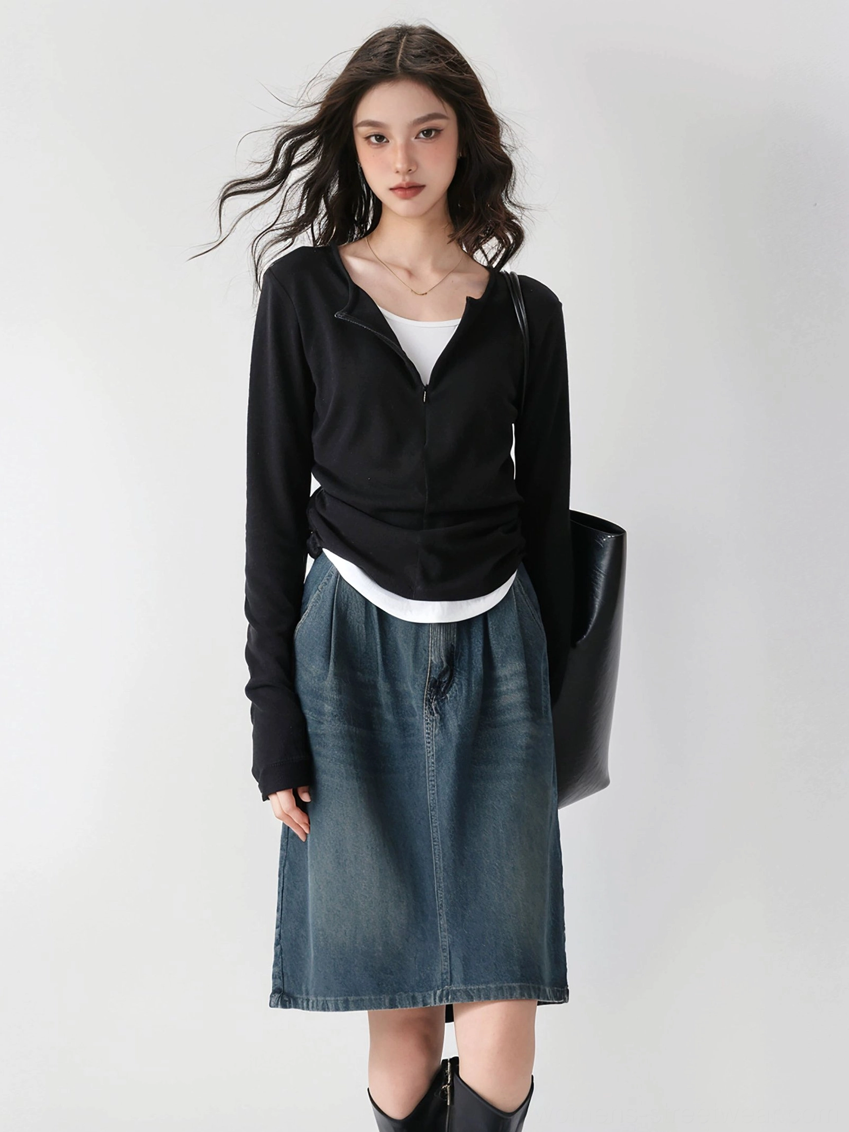 Black Korean streetwear half-zip ribbed knit layered base top styled with denim midi skirt ankle boots and leather tote
