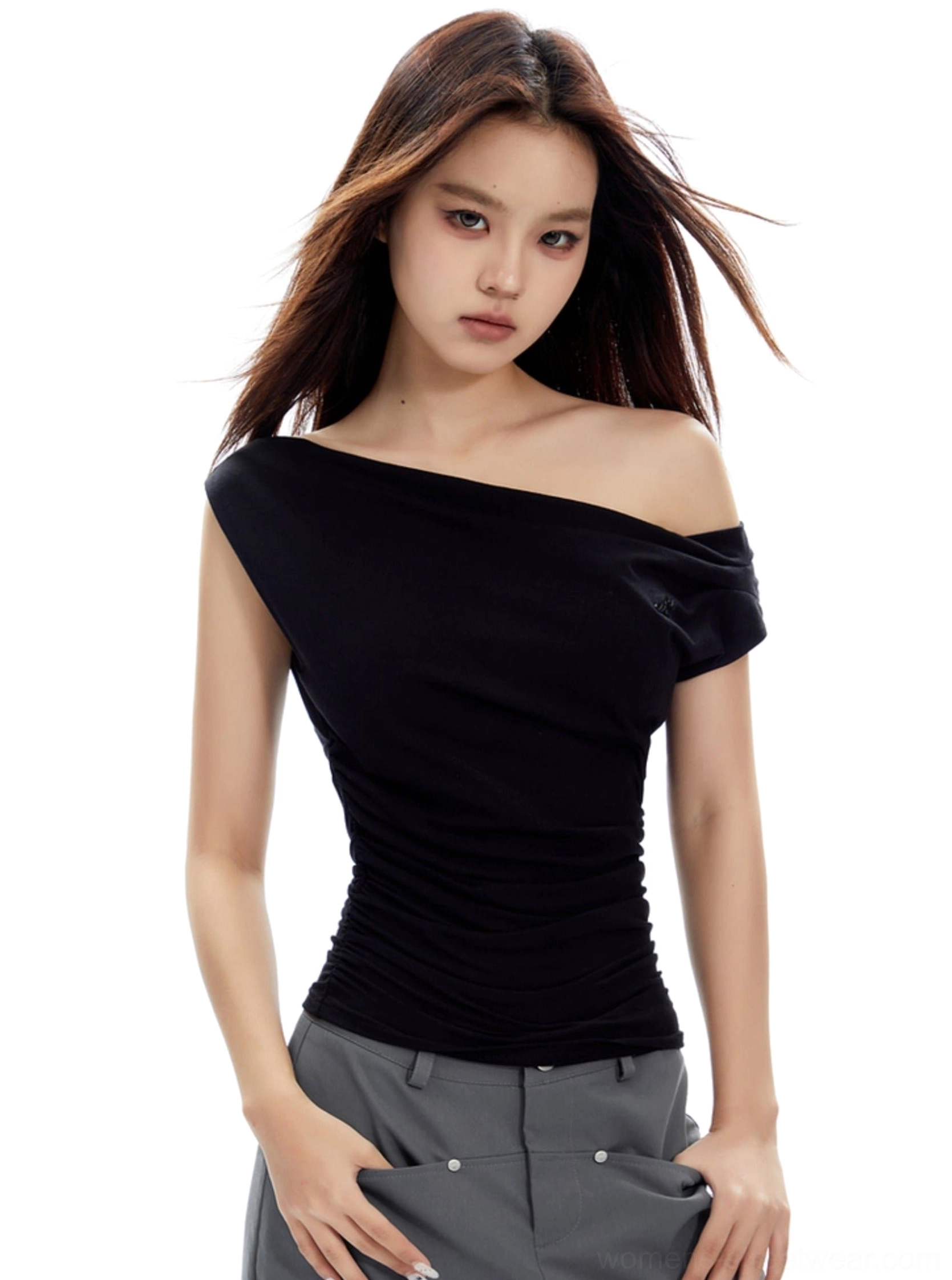 Black Korean streetwear ruched top with draped one-shoulder neckline styled with grey cargo pants