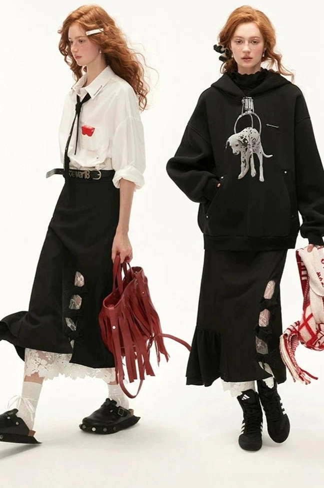 Two styling ideas for a black lace bow side-slit midi skirt, paired with a white blouse and loafers or graphic hoodie and sneakers
