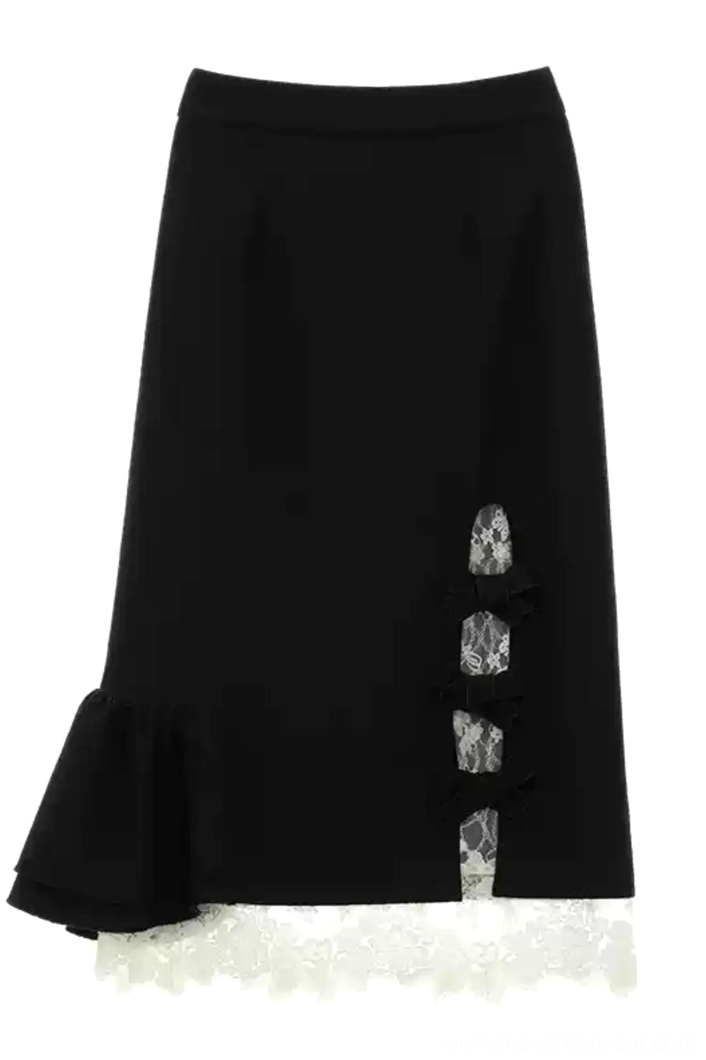 Front flat lay of black lace bow side-slit ruffle hem midi skirt showing the full silhouette, sheer lace panels, bows, and lace trim