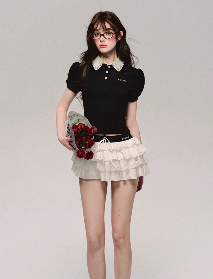 Black lace collar cropped polo top with button placket and puff short sleeves product detail