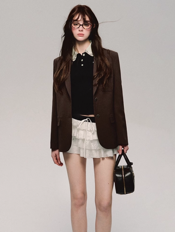 Black cropped polo top with contrast lace collar and feminine puff short sleeves
