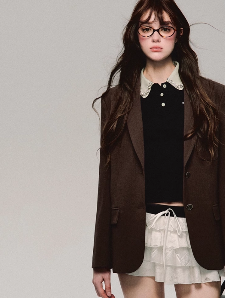 Black lace collar cropped polo top with puff sleeves Korean streetwear product image