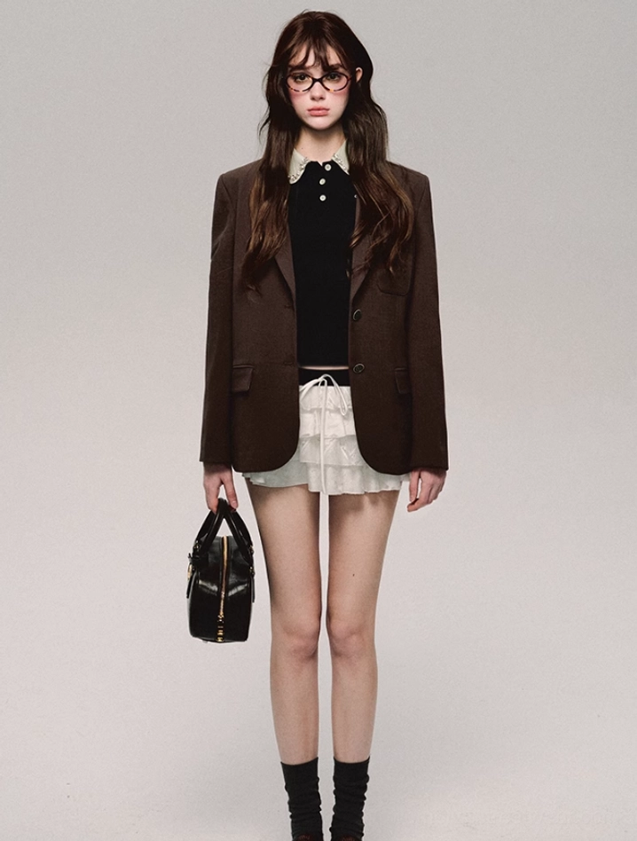 Black lace collar cropped polo top for Y2K preppy Korean streetwear styling