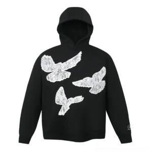Flat front view of a black relaxed-fit hoodie with three textured lace dove appliques, attached hood and drop shoulders