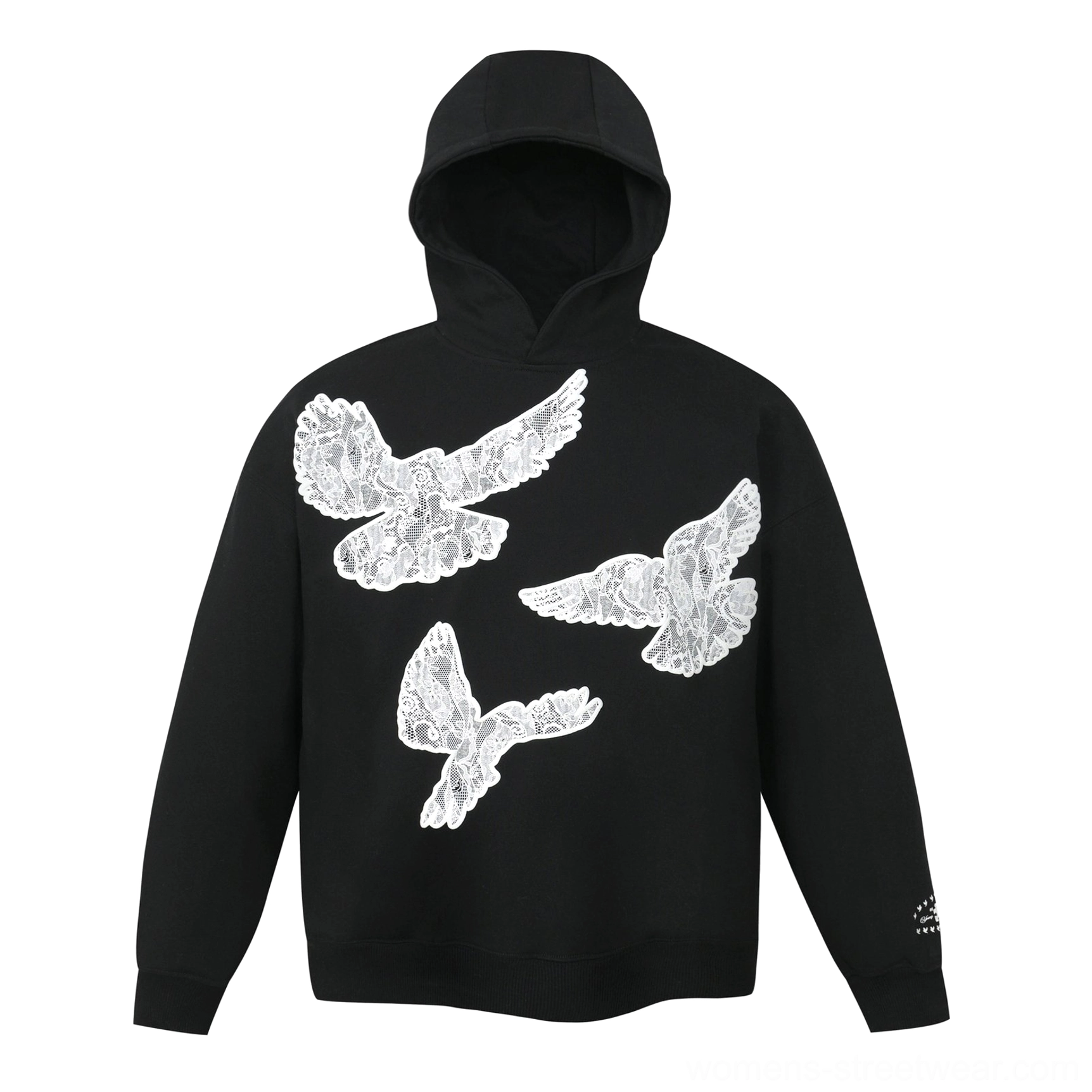 Flat front view of a black relaxed-fit hoodie with three textured lace dove appliques, attached hood and drop shoulders