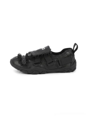 Black lace trim double buckle strap ballet sneakers in left side three quarter product view with rounded low profile and heel pull tab