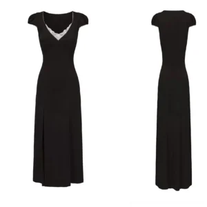 Black fitted lace-trimmed maxi dress displayed from front and back with long column silhouette, cap sleeves, and elegant evening styling