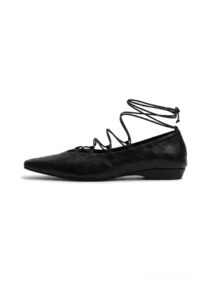 Black lace-up Mary Jane ballet flats shown in side profile with pointed square toe, smooth synthetic upper, ankle wrap laces, and low heel
