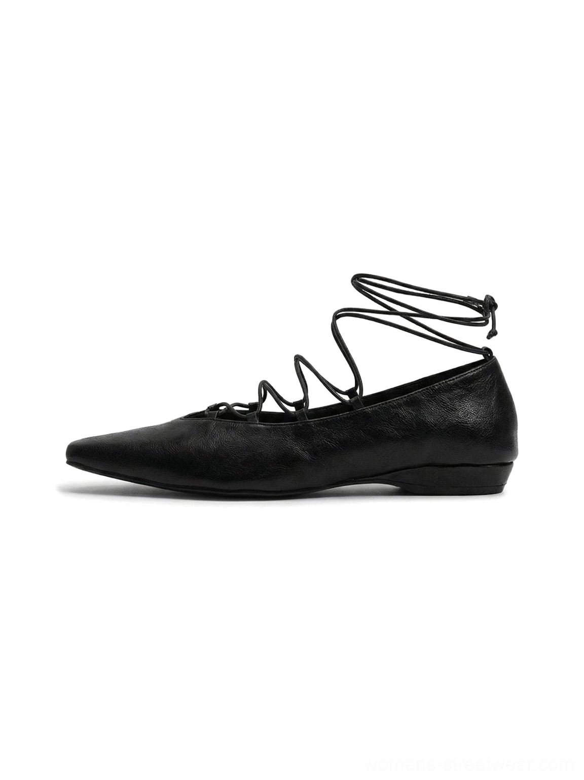 Black lace-up Mary Jane ballet flats shown in side profile with pointed square toe, smooth synthetic upper, ankle wrap laces, and low heel